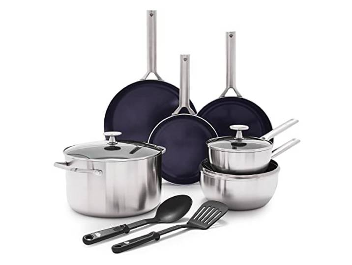 Blue Diamond Cookware Triple Steel Edelstahl Diamantverstärkte Keramik Antihaft 11-teiliges Kochgeschirr, Bratpfannen,Kochtöpfe, PFAS-frei, Mehrschichtig, Induktion, Spülmaschinen- und ofenfest,Silber