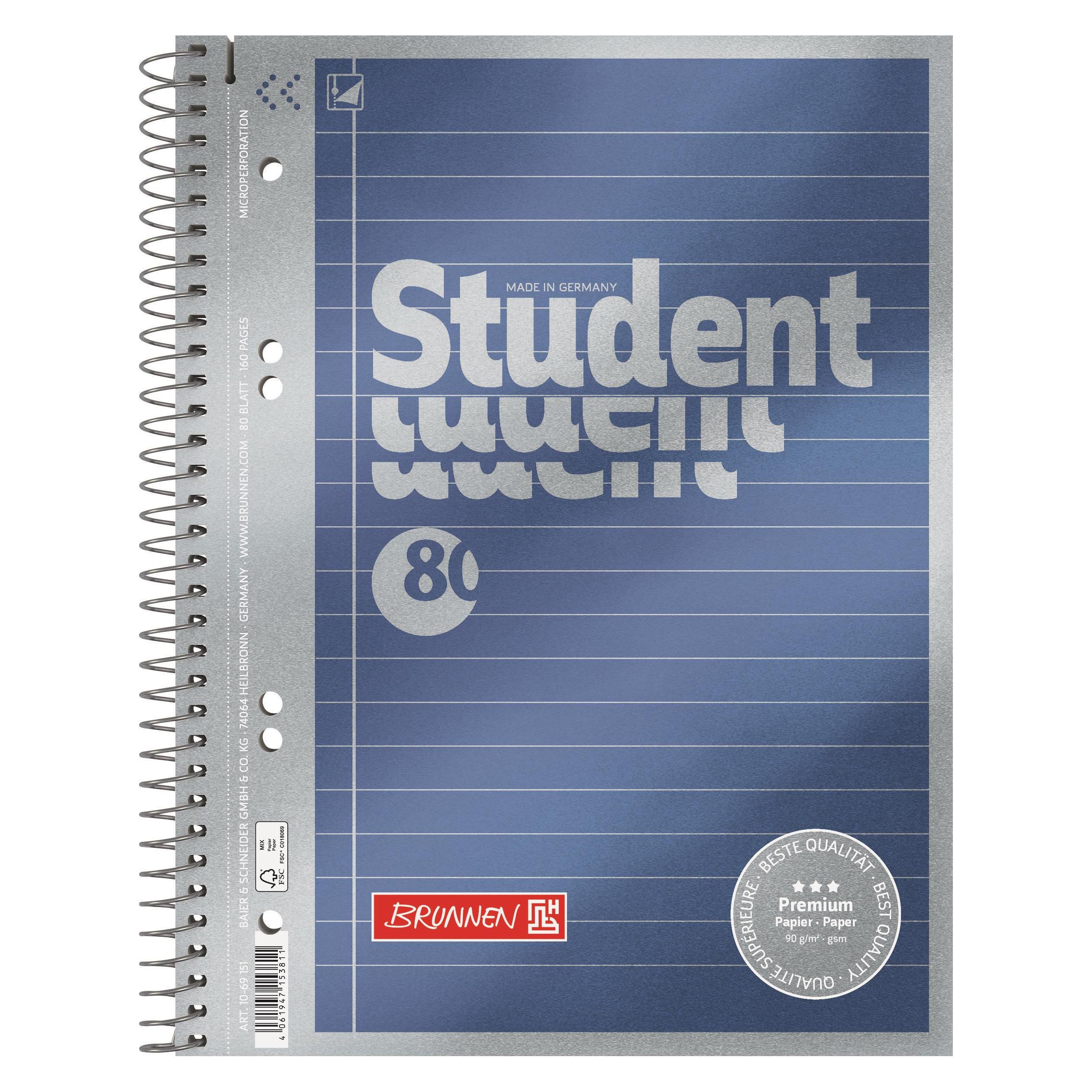 Brunnen Collegeblock Premium Student | A5, Lineatur 4, 80 Blatt, blau (A5) (71676714) Mindestbestellmenge: 5 Stück
