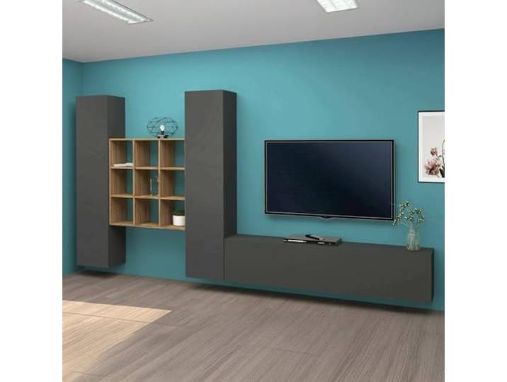 Dmora - Ausgestattete Wand Denis, 3-türiges TV-Ständer-Wohnzimmerset, Mehrzweck-Wohnzimmermöbel, 100% Made in Italy, 270 x 30 x 180 cm, Anthrazit und Ahorn,