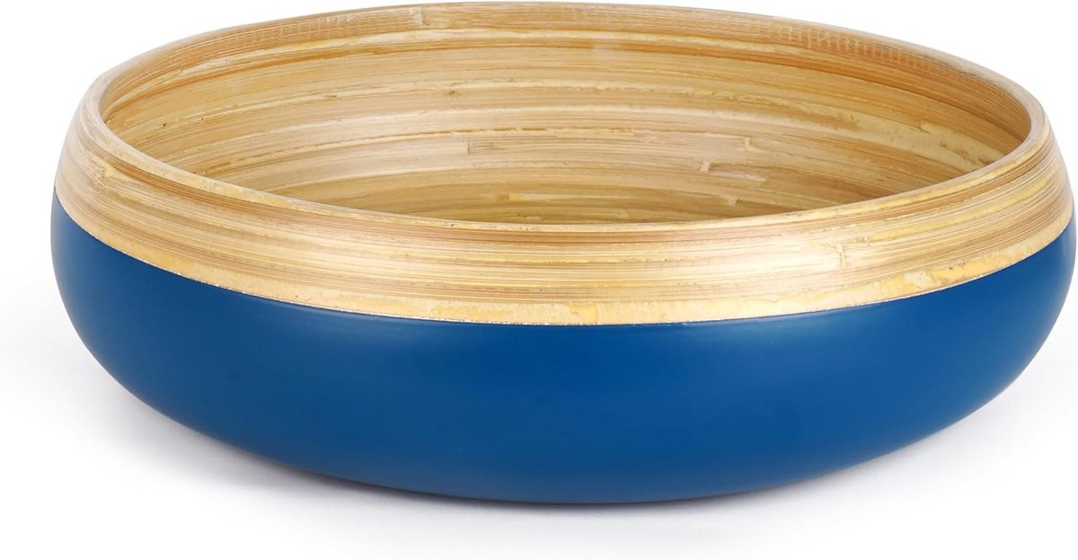 Grote blauwe bamboe fruitschaal en handgemaakte houten saladeschaal