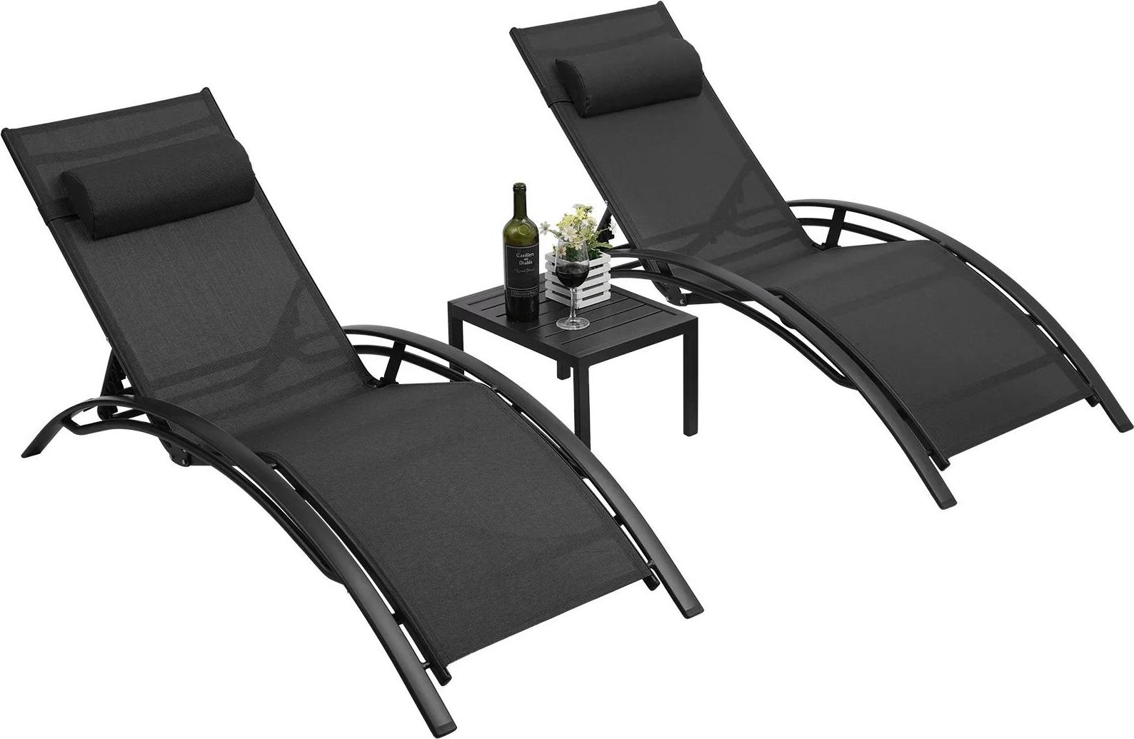 Aluminium Outdoor-Sonnenliegen-Set, 3-teilig mit Tisch, 5-fach verstellbar, schwarz - für Pool, Garten, Strand, Camping