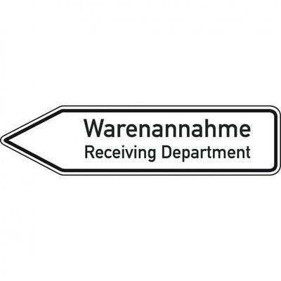 Schild I Wegweiser Warenannahme/Receiving Dep., 2-spr., linksweisend, Aluminium RA0, 1400x350mm, DIN 67520