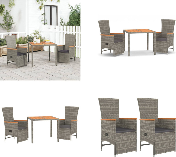 vidaXL 3 tlg. Garten Essgruppe mit Kissen Grau Poly Rattan - Garten Essgruppe - Garten Essgruppen - Essgruppe - Essgruppe Terrasse