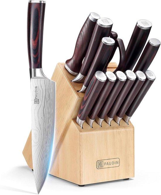Kochmesser-Set - Edelstahl - 14-teiliges Küchenmesser-Set - Holzblock - Für Hobbyköche