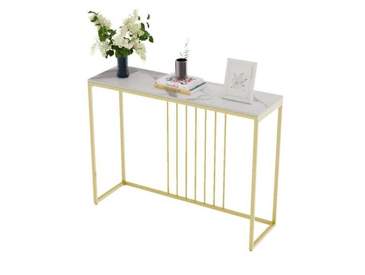 Console Meuble Entrée en Marbre - Table Console Blanche Meuble d'Entrée Bout de Canapé Doré Pour Couloir Salon - 100x30x78.5cm