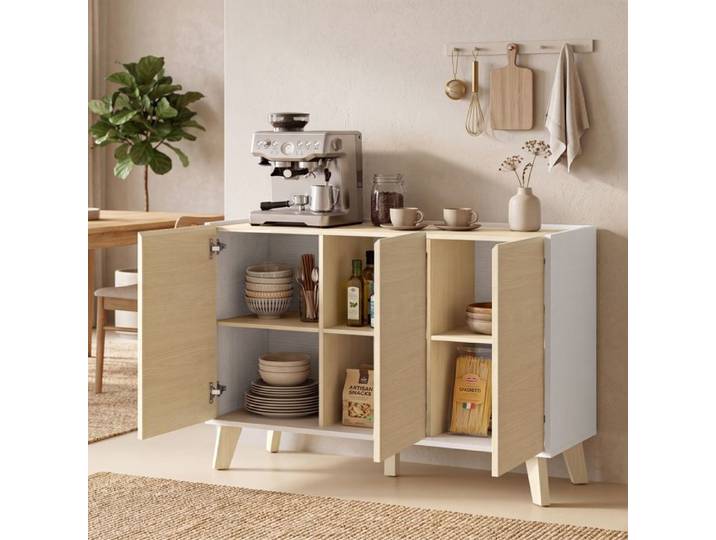 Buffet 120 cm effet bois et blanc portes soft-close