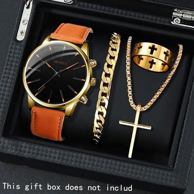 Uplift Picks 4 Piece Mens Watch Set Quartz Leather Strap Casual Watches Gift Set a