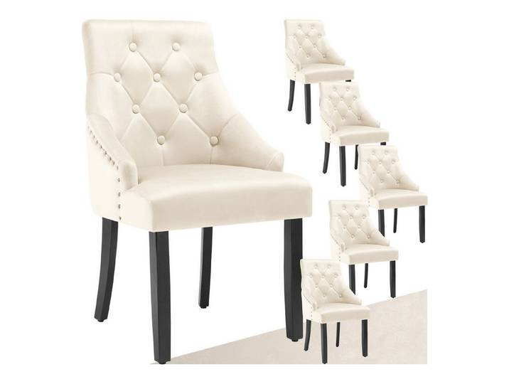 tectake Esszimmerstuhl Küchenstuhl gepolstert, in Samtoptik, gesteppt, 52 x 57 x 91 cm (Wohnzimmerstuhl Everdeen in creme/schwarz, 6 St), massive Holzbeine, höhenverstellbare Füße, Belastbarkeit 150 kg