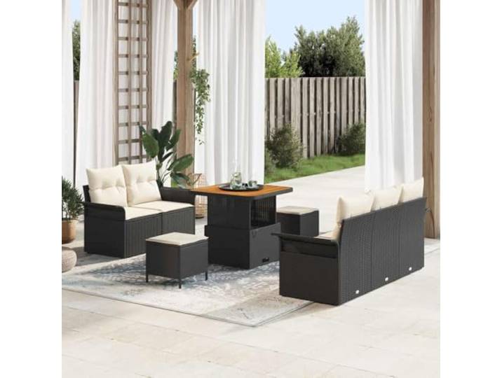 KTHLBRH Garten-Sofa-Set 8 STK., 7-Sitzer, Poly Rattan, Schwarz und Creme Wetterfest, UV-beständig, wasserdichter Stauraum, Akazienholz Tischplatte, modular