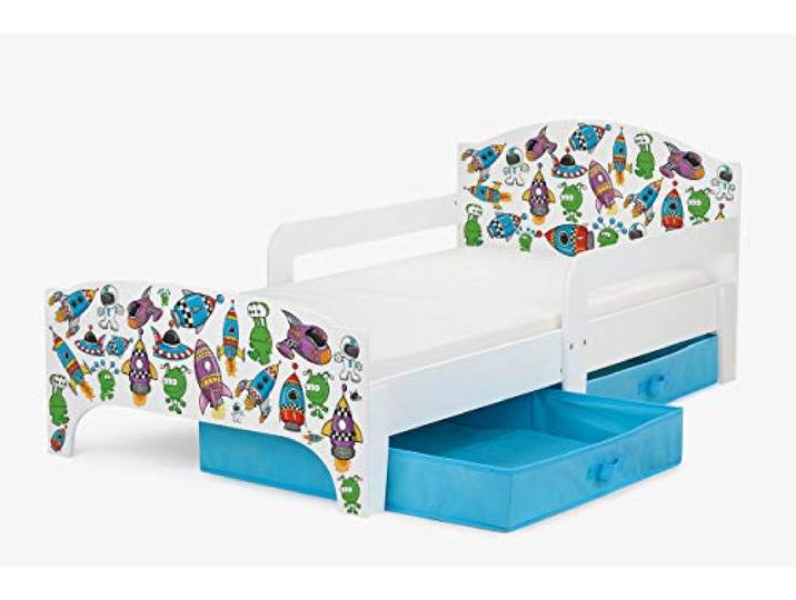 Leomark SMART Kinderbett 140x70 Aliens, Holzwerkstoff, Matratze, Schubladen Außenmaß 143x77,5x58 cm, 10 cm Schaummatratze, Schutzleisten, Metalllattenrost, 12 mm Möbelplatte, 2 Textilboxen, UV-Druck