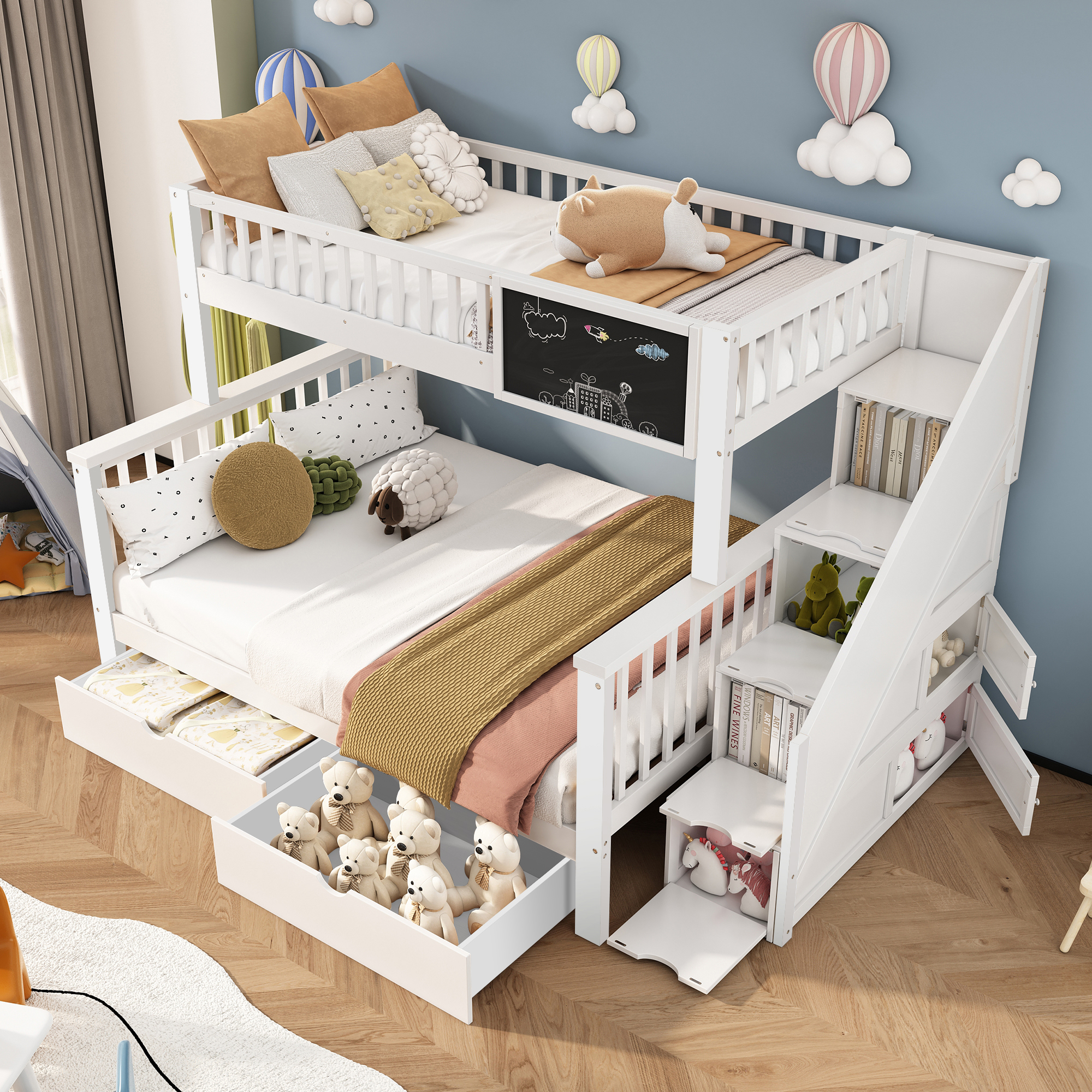 MODFU Etagenbett Kindebett 90×200&140×200 mit Tafel und Schubladen,Doppelbett Jugendbett mit Schubladen,ohne Matratze, weiß