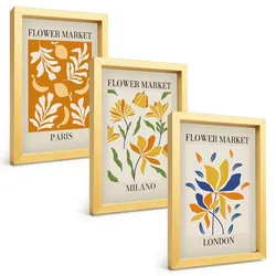 BILDER SET 3er Set - 20x30 cm Goldrahmen - Blumenposter Paris Mailand London