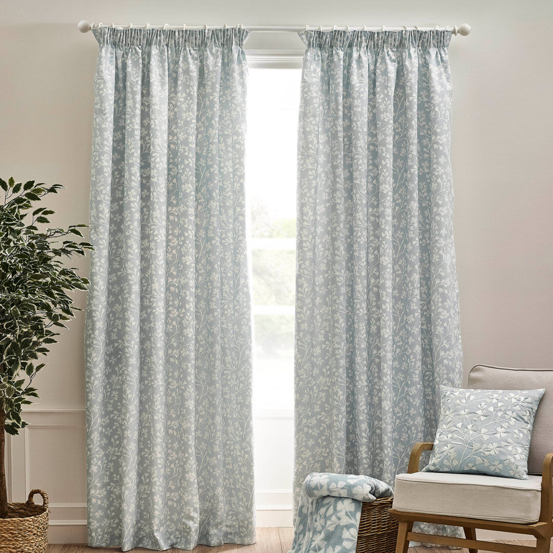 Catherine Lansfield Brooke Floral Lined Pencil Pleat Curtains Blue 228.6cm Width x 229cm Drop