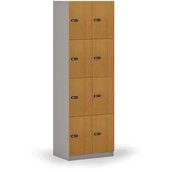 Holzspind S4 mit Ablagefächern, 8 Fächer, zerlegt, mechanisches Codeschloss, grau/Buche