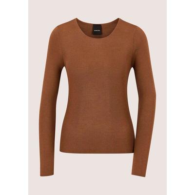Longpullover MADELEINE "Pullover Rippstrick-Pullover aus Schurwolle", Damen, Gr. 34, braun (cognac), Modern, skinny fit, Pullover Longpullover