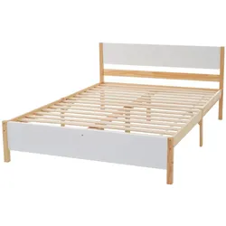 Merax Massivholzbett, Doppelbett Kiefernholzbett mit Kopfteil und Lattenrost 140x200cm, Weiß + Natur