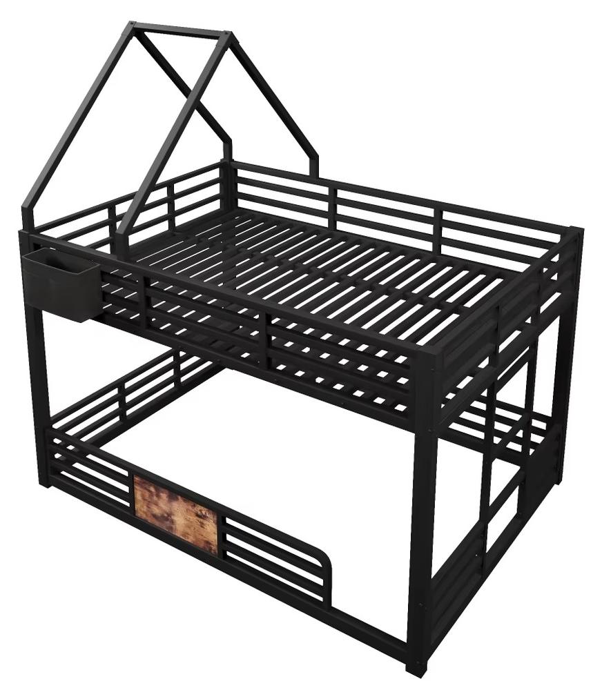 Haus-Etagenbett aus Metall - 140 x 200 cm - Hausförmiges Design - Aufbewahrungstasche - DIY-Dachkonstruktion - Sicherheitsgitter - Schwarz