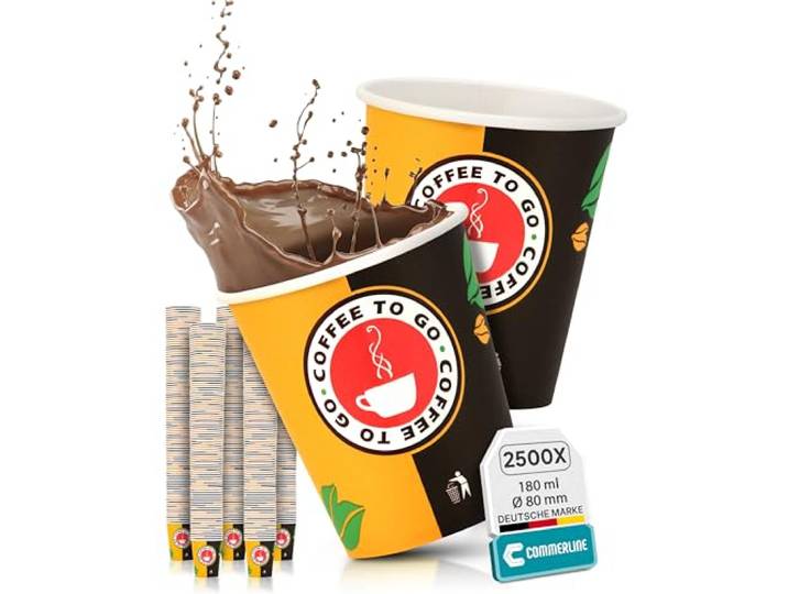 Commerline Pappbecher 180 ml, 2500 Stück, Kaffeebecher to go Coffee to Go Becher, Papierbecher aus Hartpapier, Einweg Kaffeebecher für Büro, Gastronomie, Catering & Kaffee