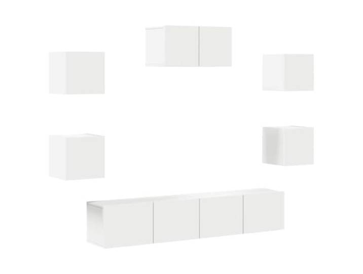 Foknhdi 7-TLG. TV-Schrank-Set Wandmontage Weiß Holzwerkstoff Flexibles Hängebord-Set für Wohnzimmer und Schlafzimmer. Schafft bodennahe Freiheit und ordnet Multimedia-Zubehör stilvoll.