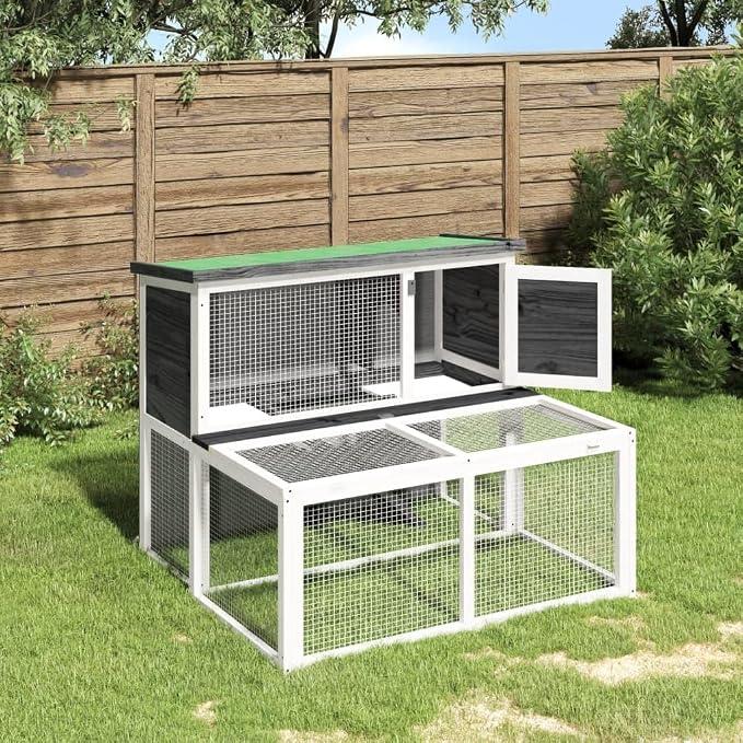 Kaninchenstall Grau Massivholz Kiefer 102x90x84,5 cm mit Freilaufgehege und auslaufsicherer Wanne für Kaninchen Meerschweinchen Hase Schutz und Unterschlupf im Außenbereich