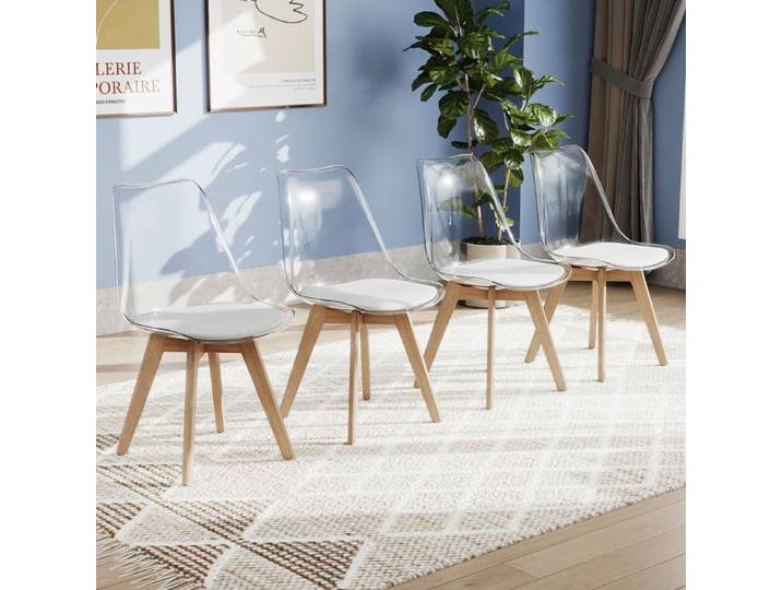 Lot 4 chaises transparentes modernes dossier transparent pieds bois blanc hêtre assise rembourrée simili cuir stables & confortables