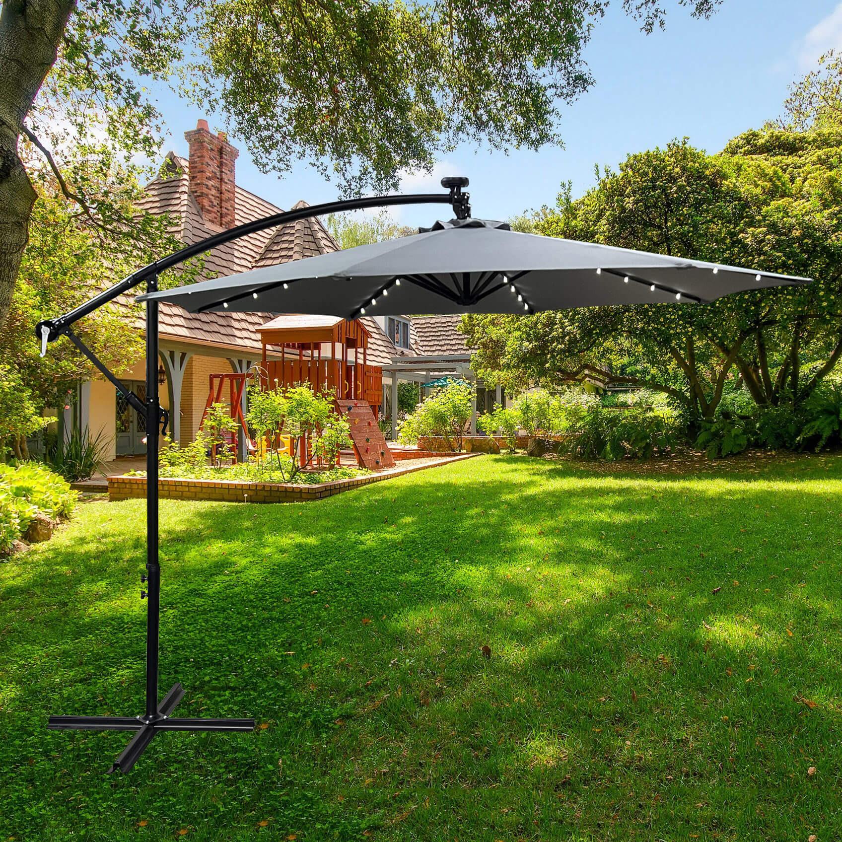 Gartenschirm - Sonnenschirm - Ampelsonnenschirm - Terrassenschirm - MILIN - Hellgrau - 300 cm - Stilvolle LED Beleuchtung für entspannte Sommerabende