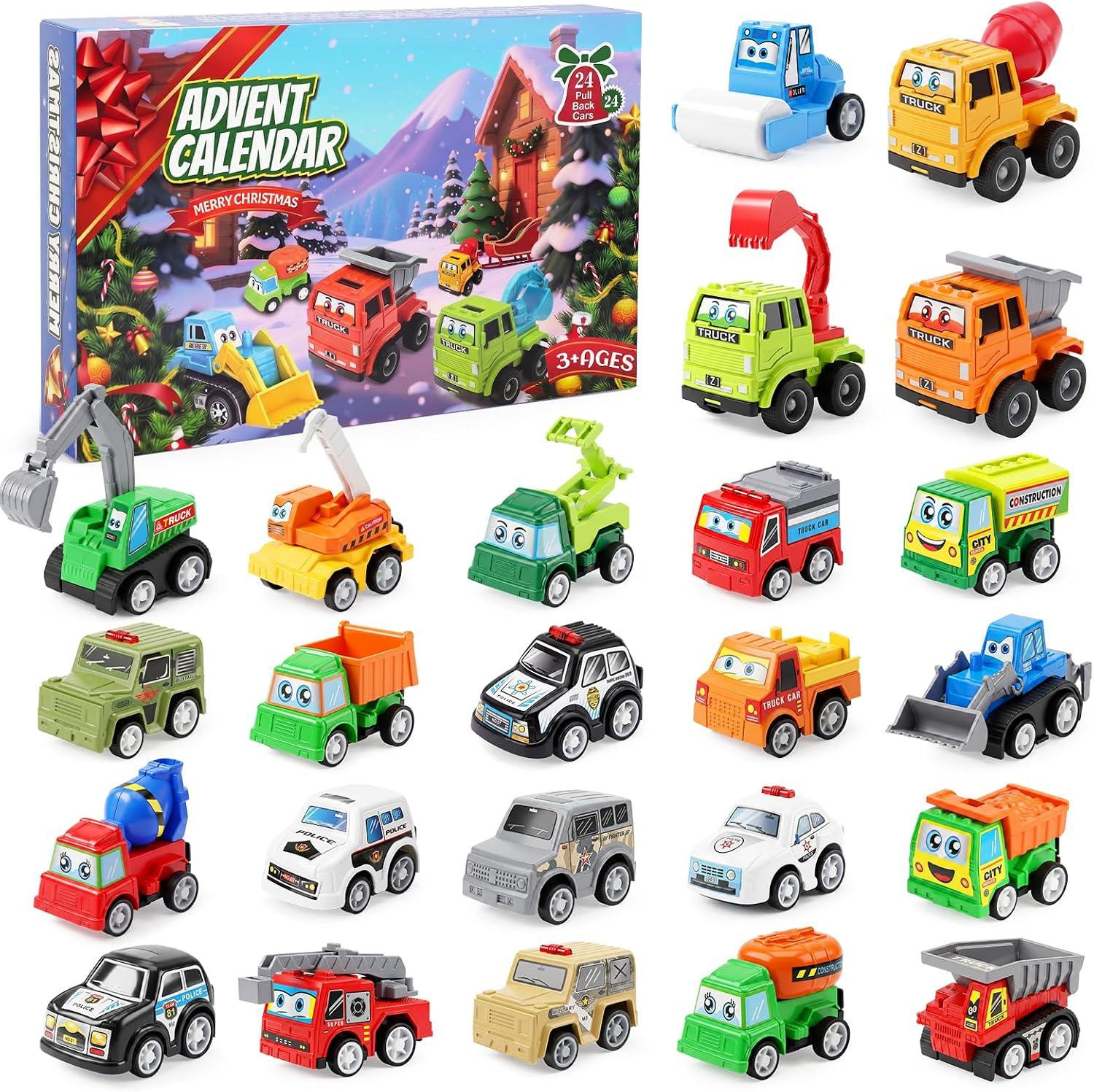 oCreon Kerstadventskalender voor kinderen met 24 cartoon-terugtrekauto's als cadeauset