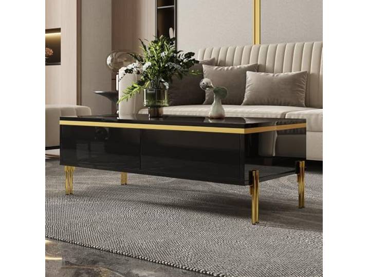 Merax Schwarz Hochglanz-Couchtisch Beistelltisch für Wohnzimmer mit Goldenen Zierelementen – Multifunktionaler Beistelltisch für Wohnzimmer, 100 x 50 x 36 cm
