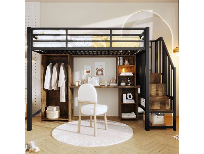 VUENOR Lit mezzanine 90x200 cm noir – bureau penderie et rangements