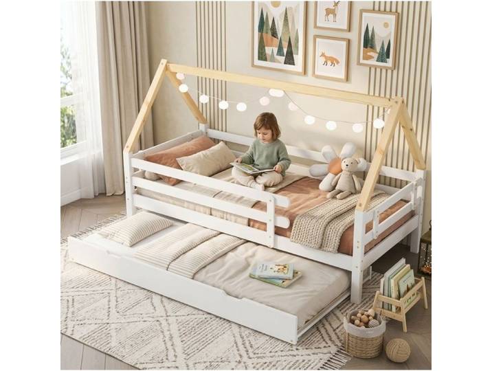 WUVRIE Lit cabane enfant 90x200 cm avec lit gigogne 90x190 pin massif blanc et naturel barrières