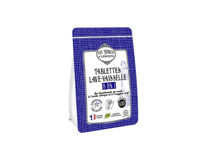 LES SECRETS DE LEONTINE Tablettes Lave-Vaisselle 3-en-1, Bicarbonate de Soude, Acide Citrique &amp; Oxygène Actif, sans Parfum, 30 Lavages, 30 Tablettes