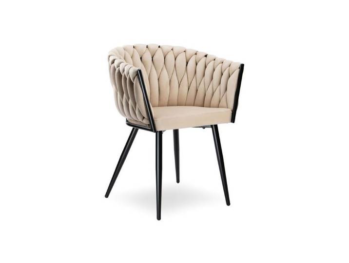 Chaise en velours beige - eHokery - Dossier en tresses de velours - Pieds métalliques noirs - Assise profilée