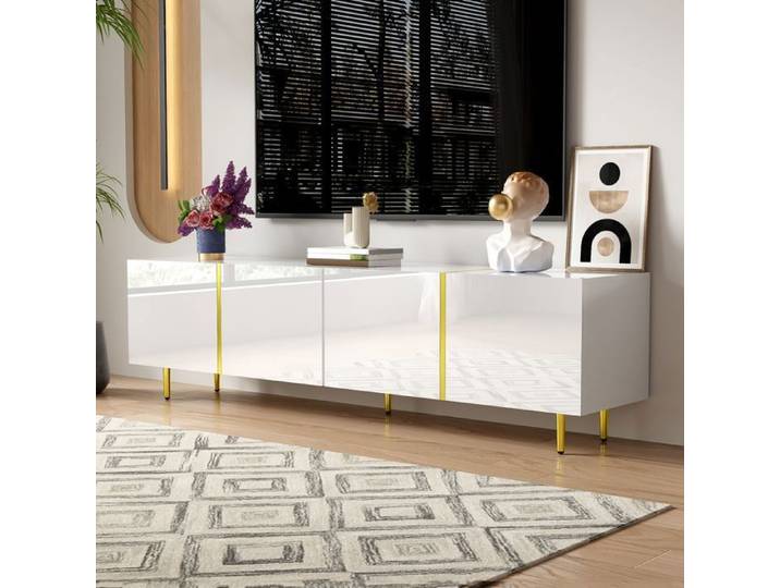 Meuble TV laqué blanc moderne et épuré avec 4 portes