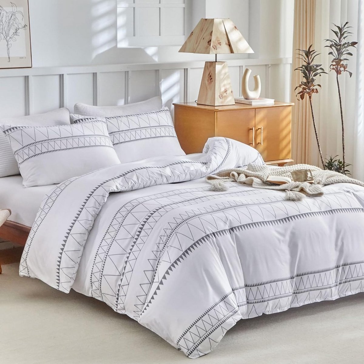 3-delige Microfiber Dekbedovertrekset Tweepersoons met Bohemian Motief in Wit Dessin, 250x200 cm