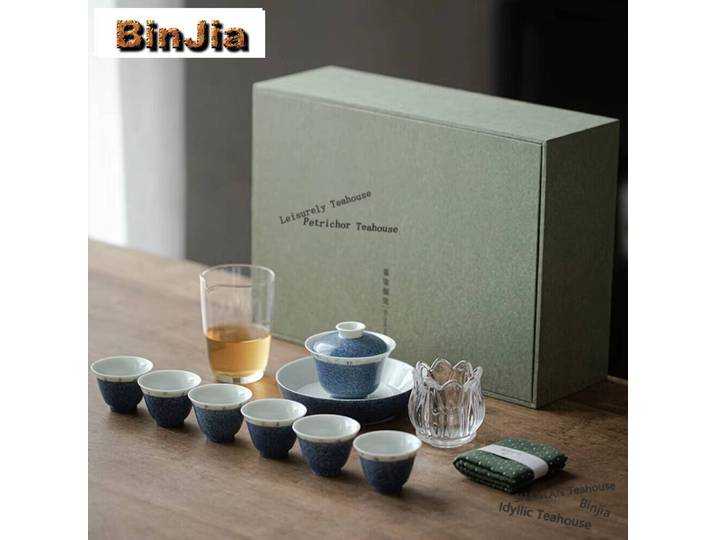 JINGDEZHEN-Service à Thé Bleu Saupoudré, Poésie Manuscrite Domestique, Boutique, Cérémonie du Thé, Filles et Tasse, Café, Cadeau