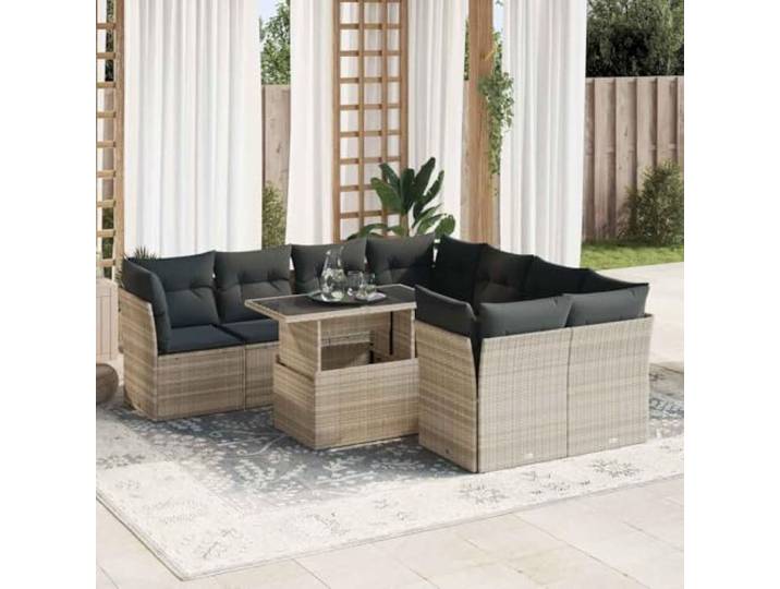 YUTAASU 9-TLG. Poly Rattan Sofagarnitur Hellgrau mit Kissen