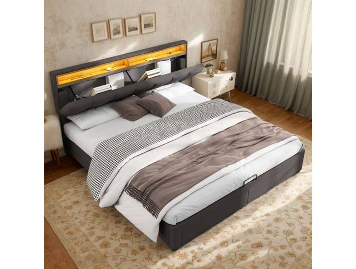 lit 180 x 200 avec rangement lit coffre 180 x 200 lit double lit adulte dossier souple LED réglable et 2 tiroirs lin gris
