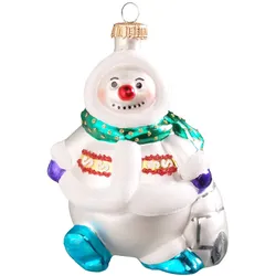 Krebs Glas Lauscha Weiß/Blau 11cm Schneemann mit Schal, Glasornament, mundgeblasen und handdekoriert
