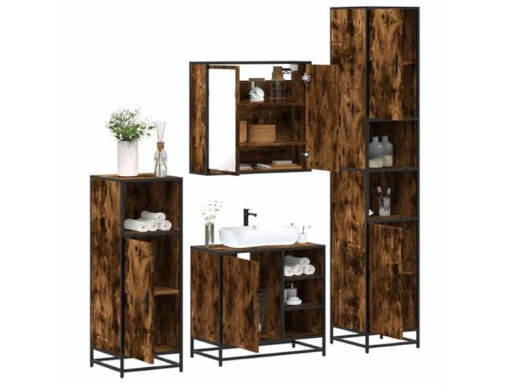 ZQQLVOO 4-TLG. Badmöbel-Set Räuchereiche Holzwerkstoff Metallgestell, Lowboard, Wandmontage, Spiegelschrank, Waschbeckenunterschrank, reichlich Stauraum