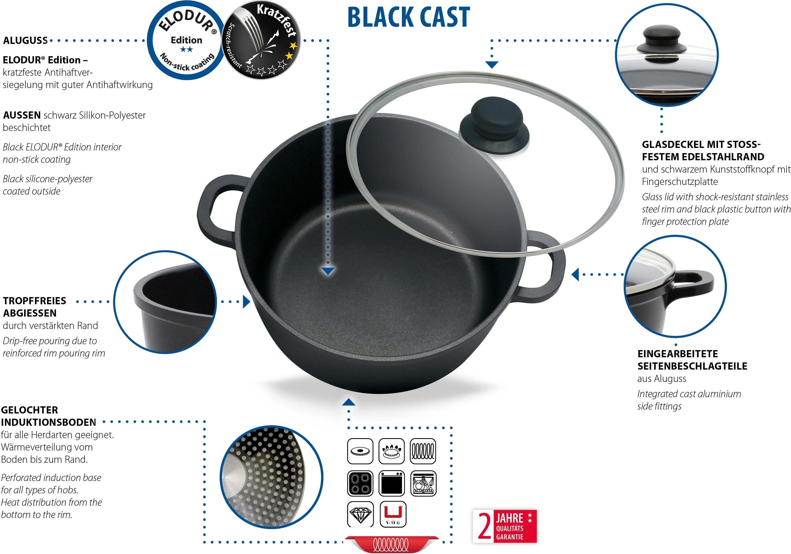 Topf-Set ELO BASIC "Black Cast", schwarz, Töpfe, Topf-Set, mit hochwertiger Antihaftversiegelung, Induktion