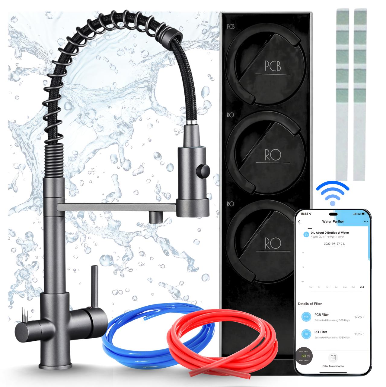 Küchenarmatur Mit Wasserfiltersystem Ari Solid Spring, Umkehrosmose 800 Gpd, Wifi, Keramikkartusche, Zweigriffarmatur, Perlator, Messing, Graphit