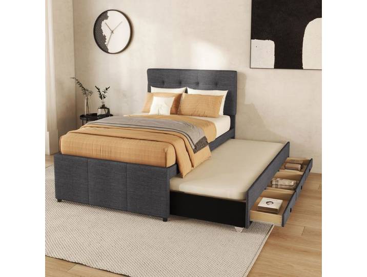 Lit rembourré 90x200cm (90x190cm) lit familial lit avec trois tiroirs lit extensible tête de lit réglable sans matelas gris