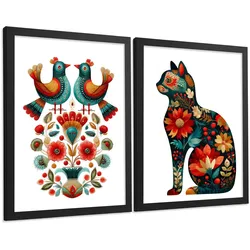 POSTER 2er-Set dekorative Badezimmer-Kunstdrucke, im Stil der Volkskunst für Wand, Toilette mit Vögeln und elegantem Blumen-Katzen Schwarzer Rahmen A3