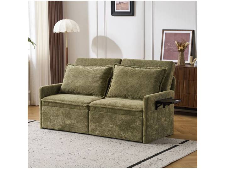 COVREO Canapé-lit convertible 2 places en chenille verte dossier réglable USB/Type-C