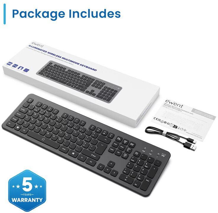 Ewent Teclado EW3297 Illuminated Wireless Multimode Bluetooth/2.4Ghz Wireless PT Negro
