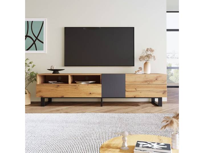 Meuble TV moderne bicolore 180 cm noir et gris avec rangements et pieds métal