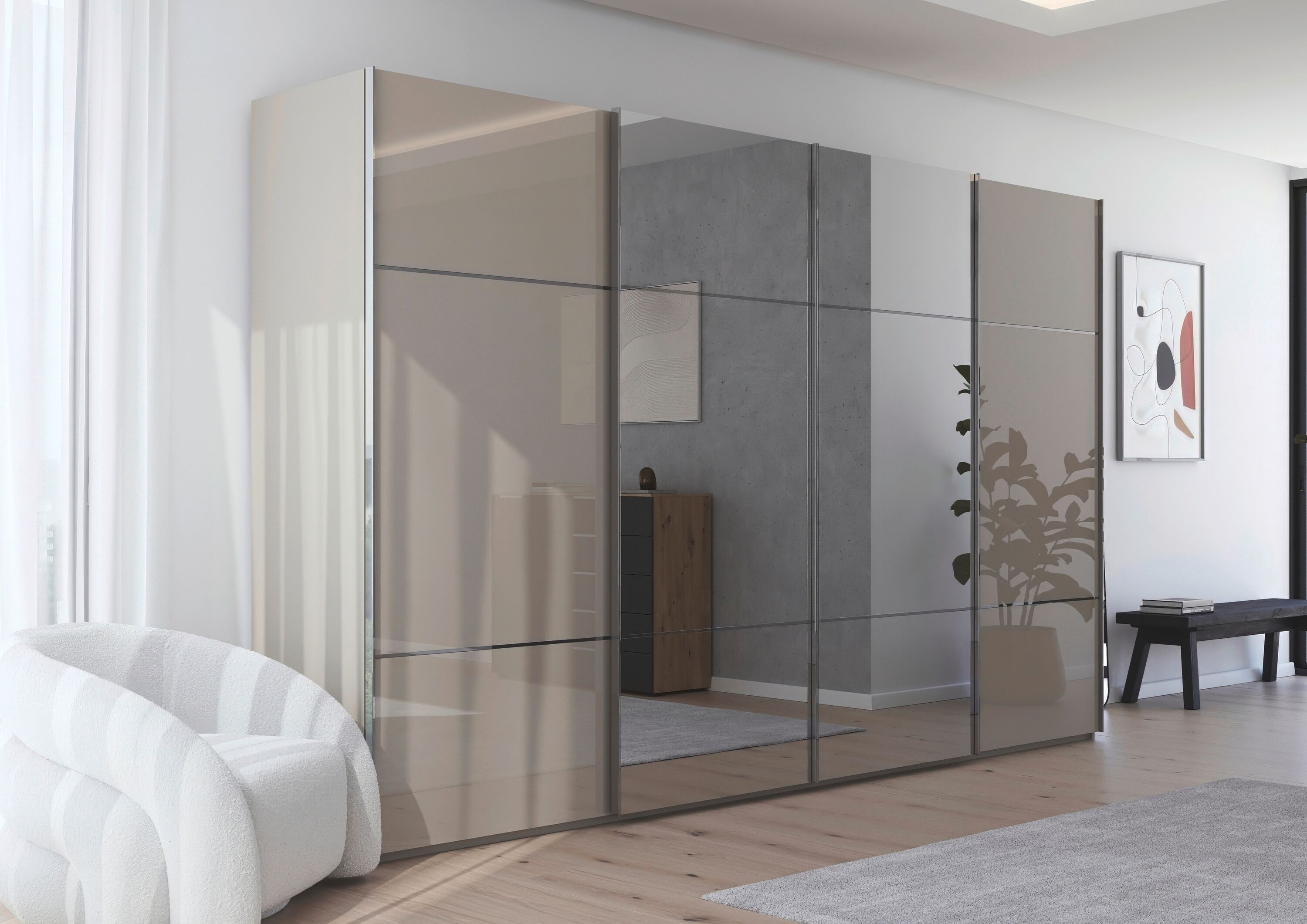 Schwebetürenschrank RAUCH "Kleiderschrank Schrank Garderobe Schlafzimmerschrank SCALE-TRIO", beige (fango, glas fango, griffleisten chrom), B:360cm H:223cm T:68cm, Holzwerkstoff, Schränke, Schwebetürenschrank, edle dreigeteilte Front mit 2 Zierleisten Spi