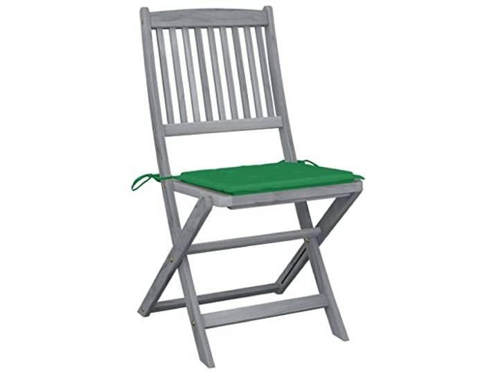 Klappstühle aus massivem Akazienholz, 4 Stück, mit grünen Kissen Massives Akazienholz, graues abwaschenes Finish, 4 grüne Kissen, Befestigungsseile, platzsparend