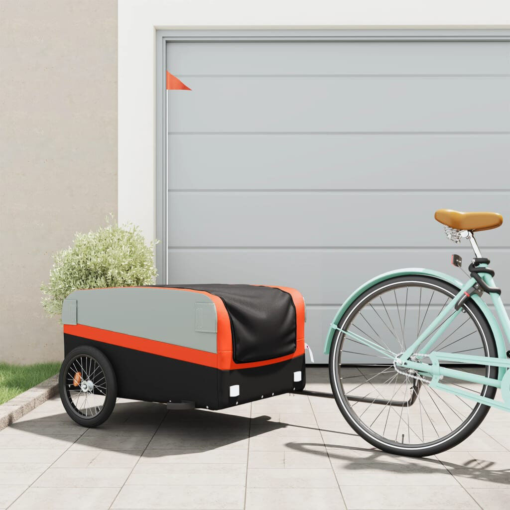 vidaXL Bike Trailer Iron Black/Orange 59cm H x 137cm W x 69cm D