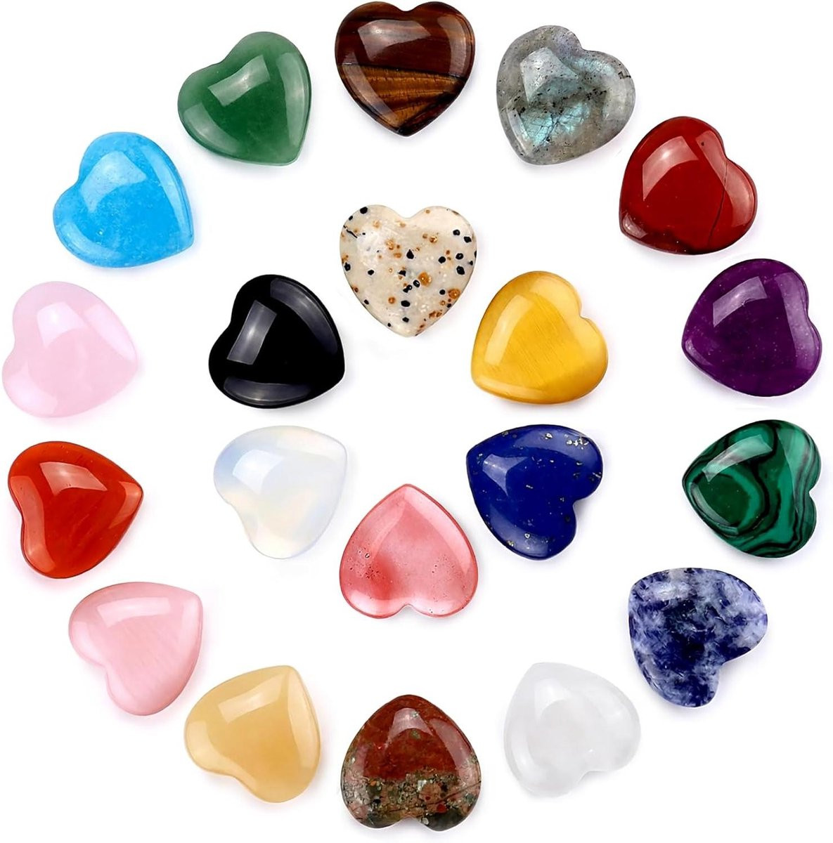 Set van 20 hartvormige natuurstenen kristallen in multicolor voor meditatie en reiki